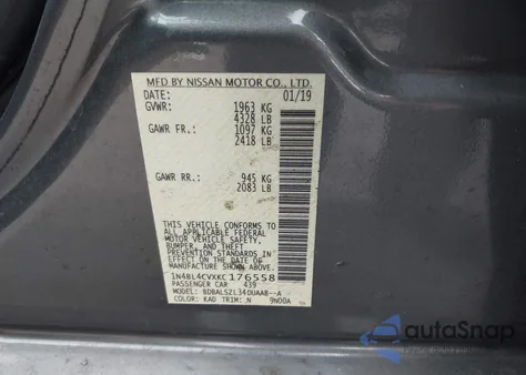 2019 Nissan Altima 2.5 Sr from USA, damaged, VIN 1N4BL4CVXKC176558